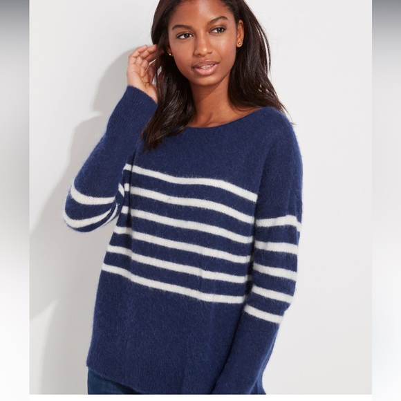 VINEYARD VINER Breton Stripe Boatneck Sweater XS Navy Blue White Alpaca Wool - Picture 1 of 10